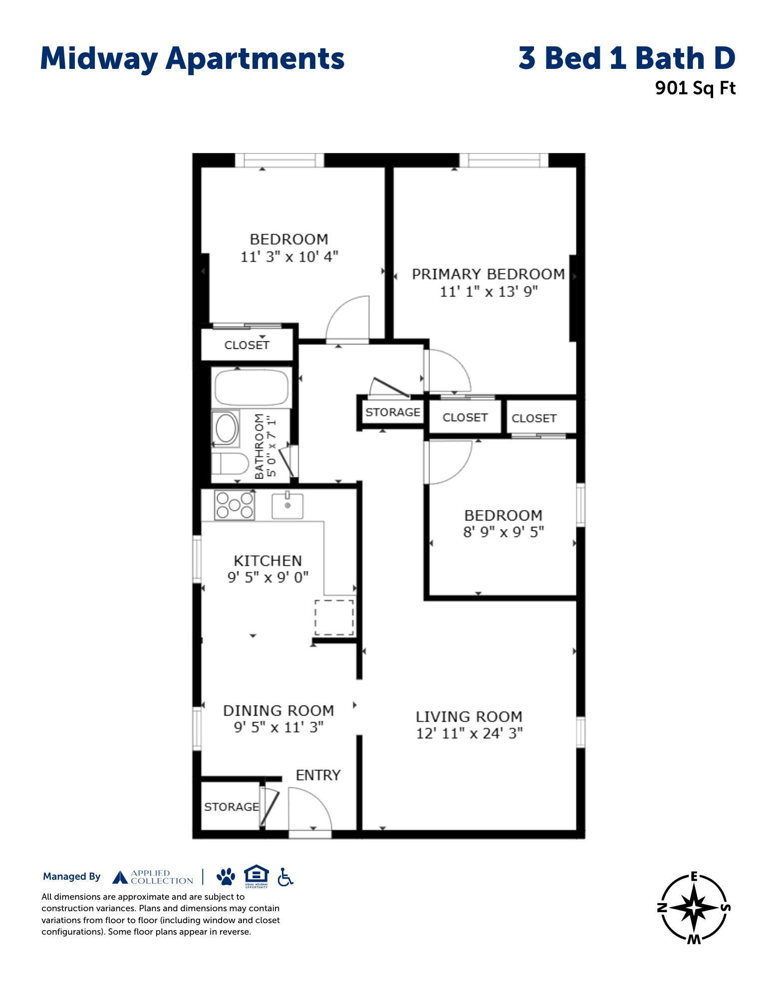 Floor plan for 3 beds, 1 bath, 901 sqft